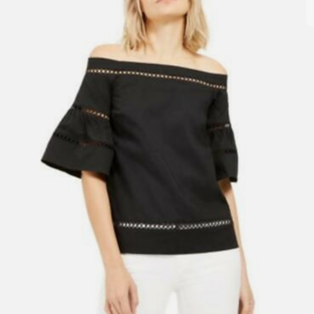 MICHAEL KORS Black Off-Shoulder Short Sleeve Eyelet Trim Top